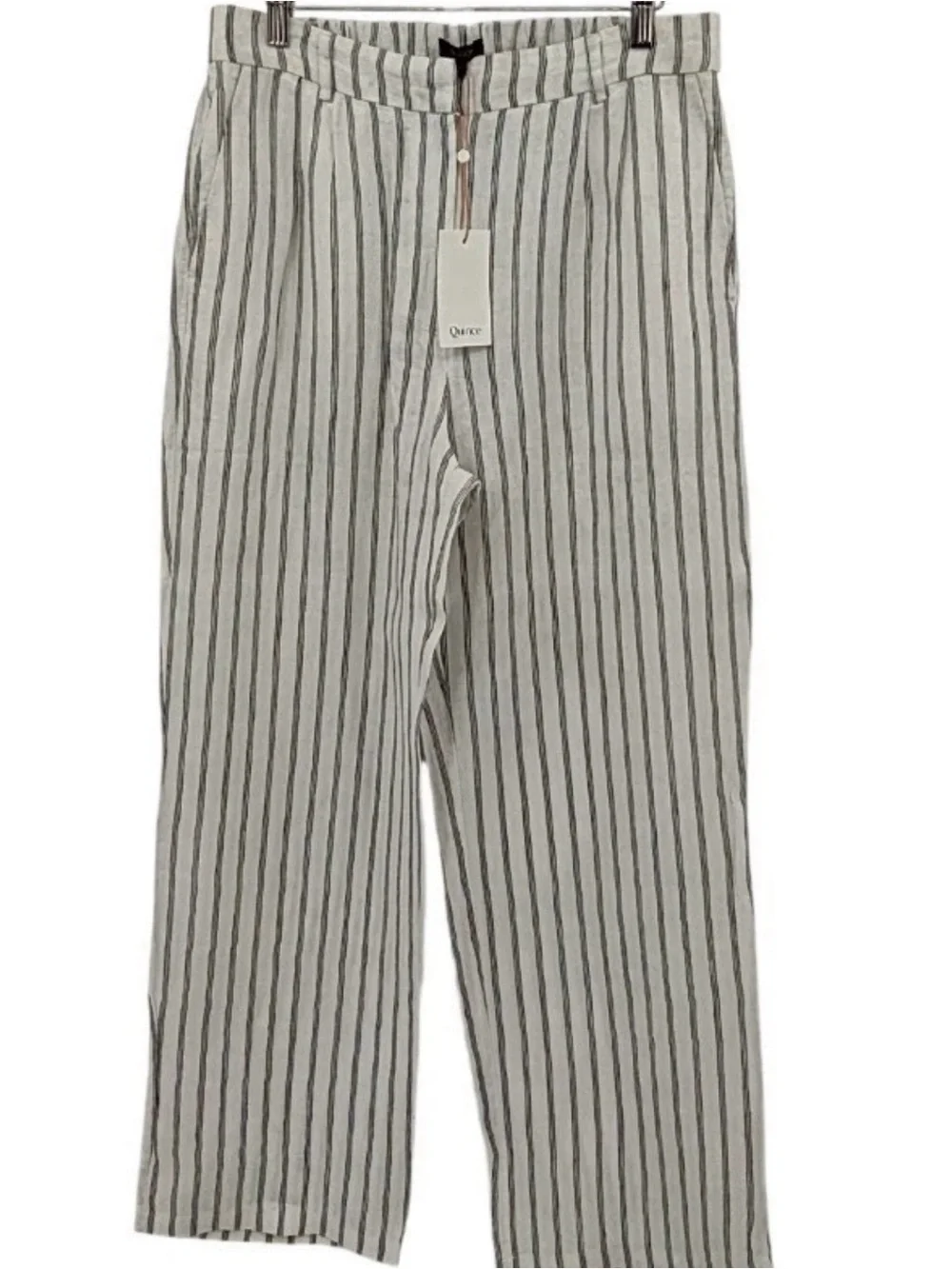 NWT Quince 100% European Linen Pleated Trouser Pants, Size 12-Oatmeal/Blk Stripe